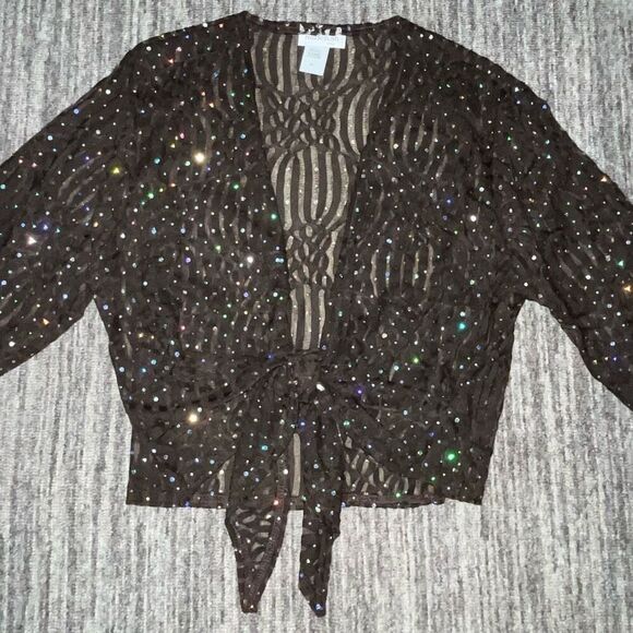 ReBeKah Womens Large Tie Front Cardigan Chocolate Brown Semi-Sheer Sparkle NWOT - Picture 2 of 5